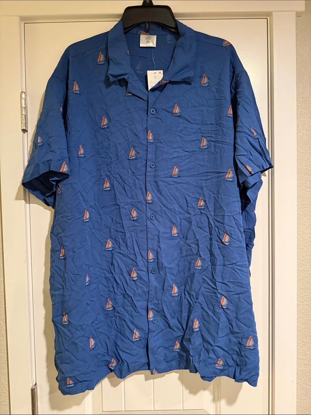 Well Worn Blue Short-Sleeve Button-Down Shirt with Sailboat Motif